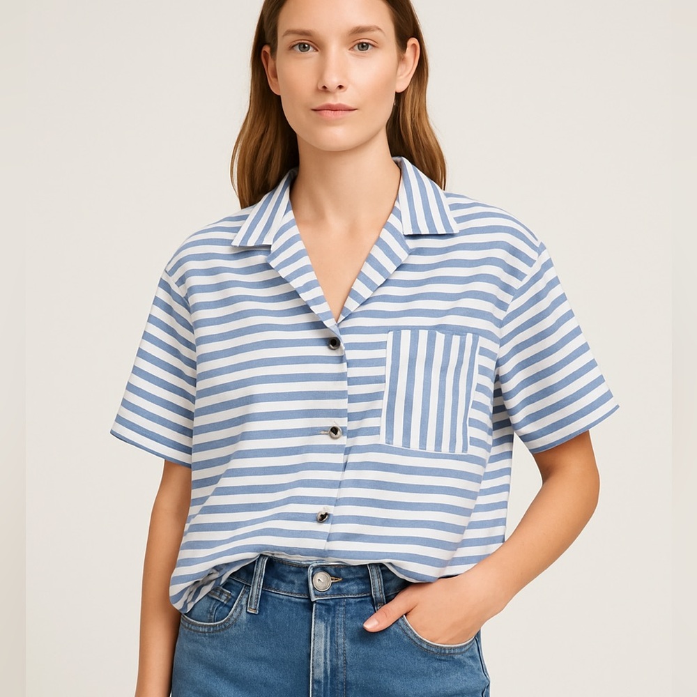 Everlane Poplin Camp Shirt Stripe Boxy Blue White Oversized Cotton Women's XS